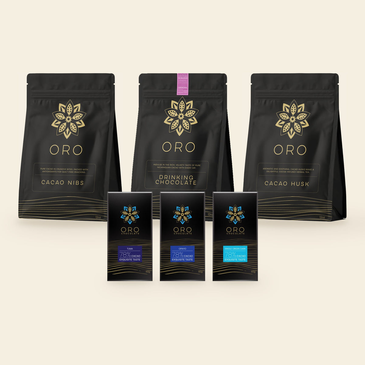 Cacao Connoisseur Bundle contents: Tuma, Opayo and Single Origin Dark 78% bars in front of pouches of cacao nibs, Ceremonial drinking chocolate and cacao husk tea