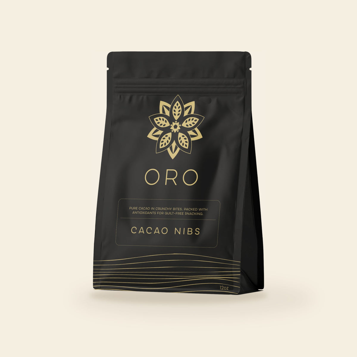Oro cacao nibs, 12oz pouch, on a cream background