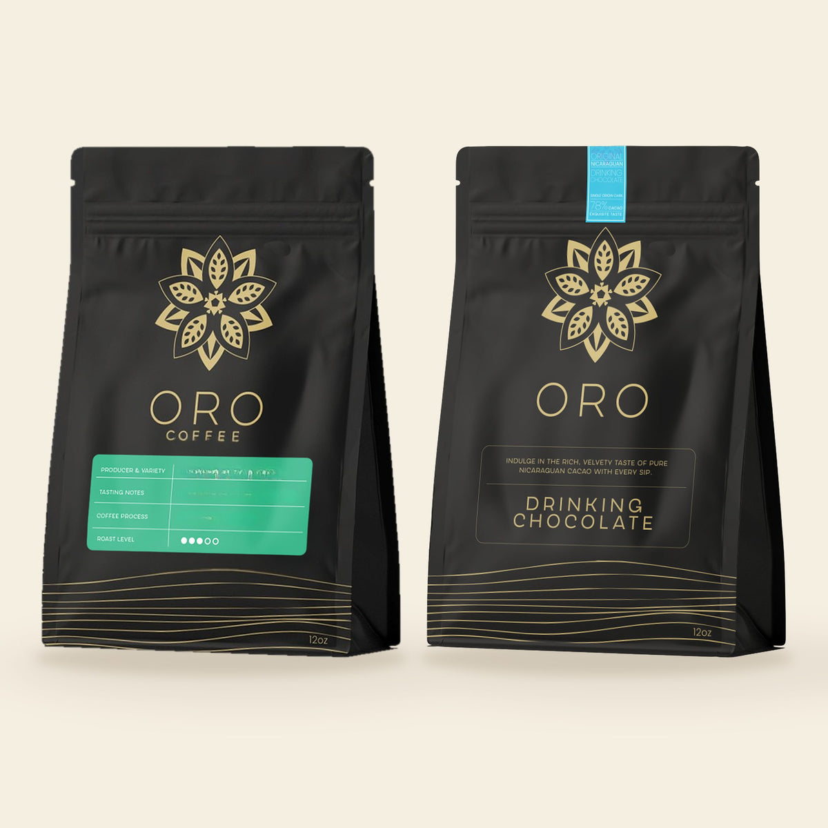 Oro Ritual Club First Ritual: a 12oz bag of single-origin Nicaraguan coffee and a pouch of 78% single-origin drinking chocolate