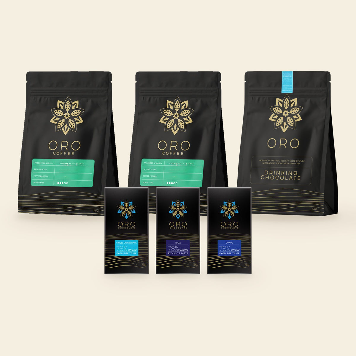 Oro Ritual Club Origin Steward: two bags of single-origin coffee, a pouch of drinking chocolate and three single-origin bars