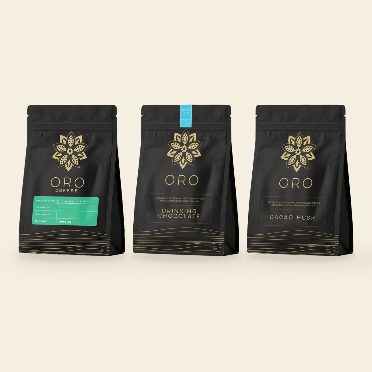 Oro Drinks Bundle contents: a bag of single-origin coffee, a pouch of Single Origin drinking chocolate and a pouch of cacao husk tea