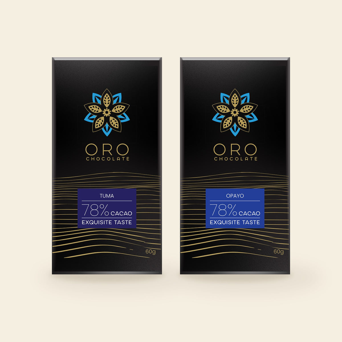The Oro Flight: an Oro Tuma 78% bar and an Oro Opayo 78% bar side by side on a cream background