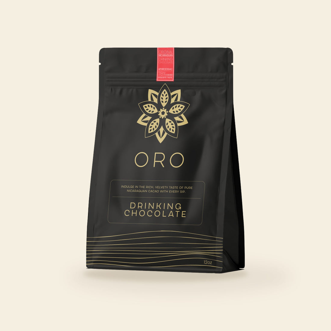Oro Aphrodisiac drinking chocolate, 12oz pouch, on a cream background