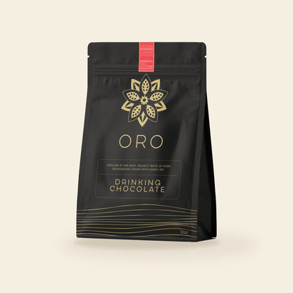 Oro Aphrodisiac drinking chocolate, 12oz pouch, on a cream background
