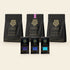 Cacao Connoisseur Bundle contents: Tuma, Opayo and Single Origin Dark 78% bars in front of pouches of cacao nibs, Ceremonial drinking chocolate and cacao husk tea