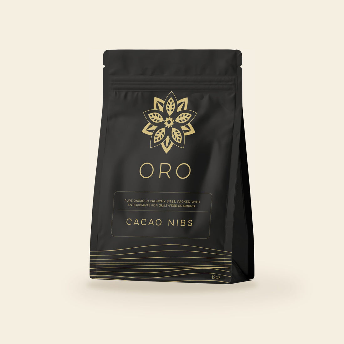 Oro cacao nibs, 12oz pouch, on a cream background
