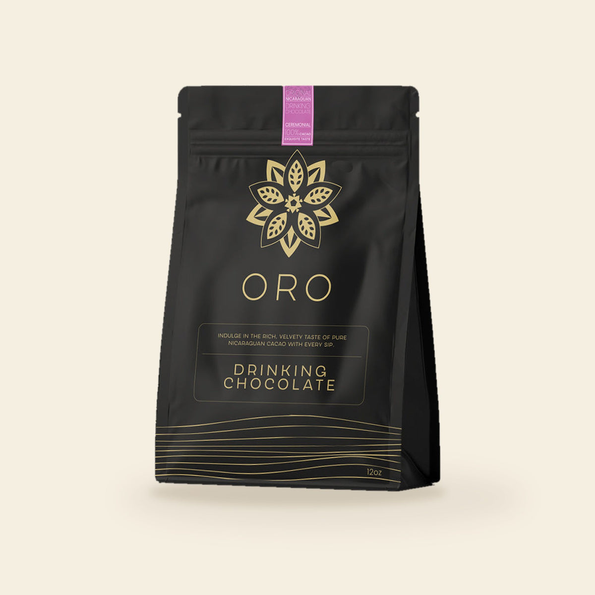 Oro Ceremonial drinking chocolate, 100% cacao, 12oz pouch, on a cream background