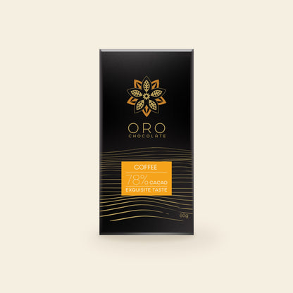 Oro Coffee 78% cacao chocolate bar, 60g pack, on a cream background