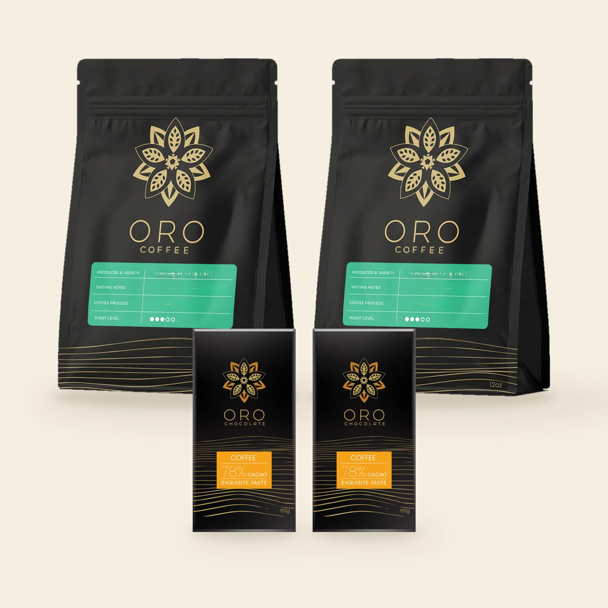 Coffee Bundle contents: two bags of Oro single-origin Nicaraguan coffee and two Oro Coffee 78% bars on a cream background