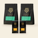 Coffee Bundle contents: two bags of Oro single-origin Nicaraguan coffee and two Oro Coffee 78% bars on a cream background