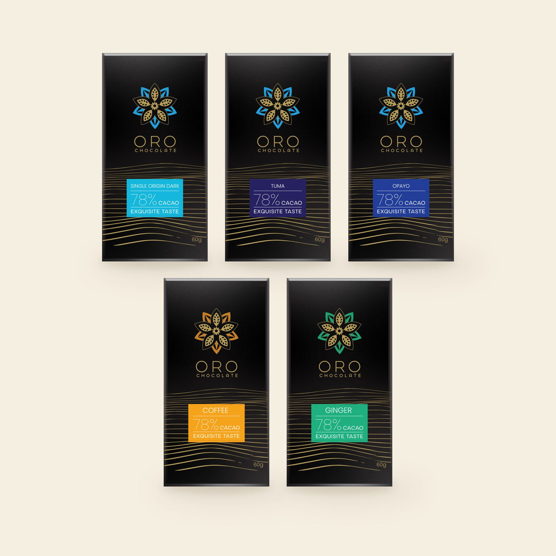 Origin Explorer: five Oro 78% single-origin bars (Single Origin Dark, Tuma, Opayo, Coffee, Ginger) on a cream background