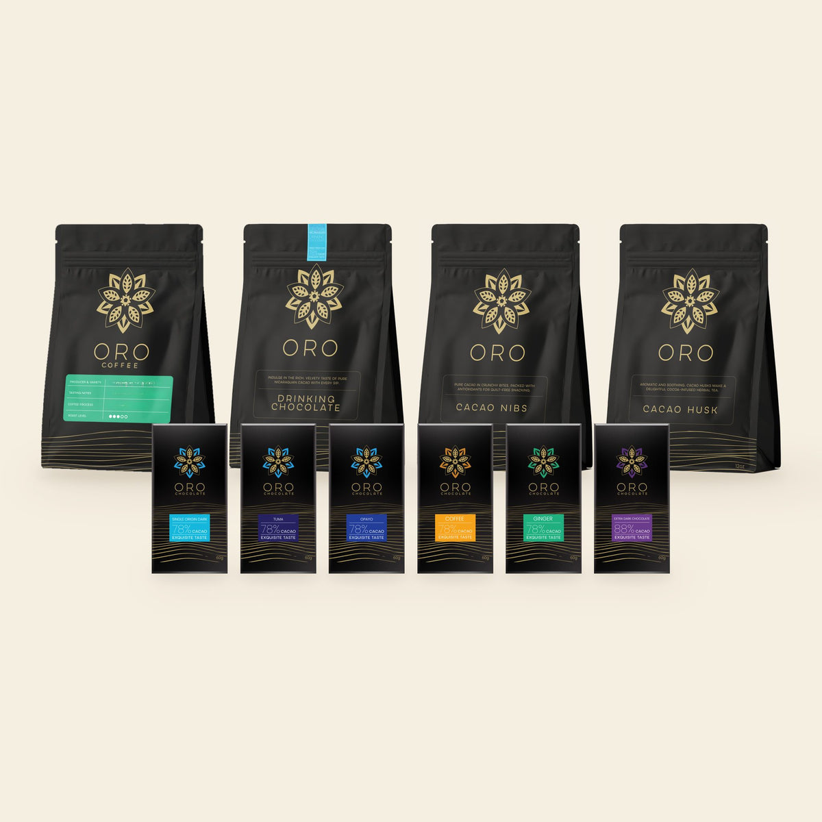 Origin corporate gift box contents: the five-bar Origin Explorer flight, the 88% Extra Dark bar, drinking chocolate, single-origin coffee, cacao nibs and cacao husk tea