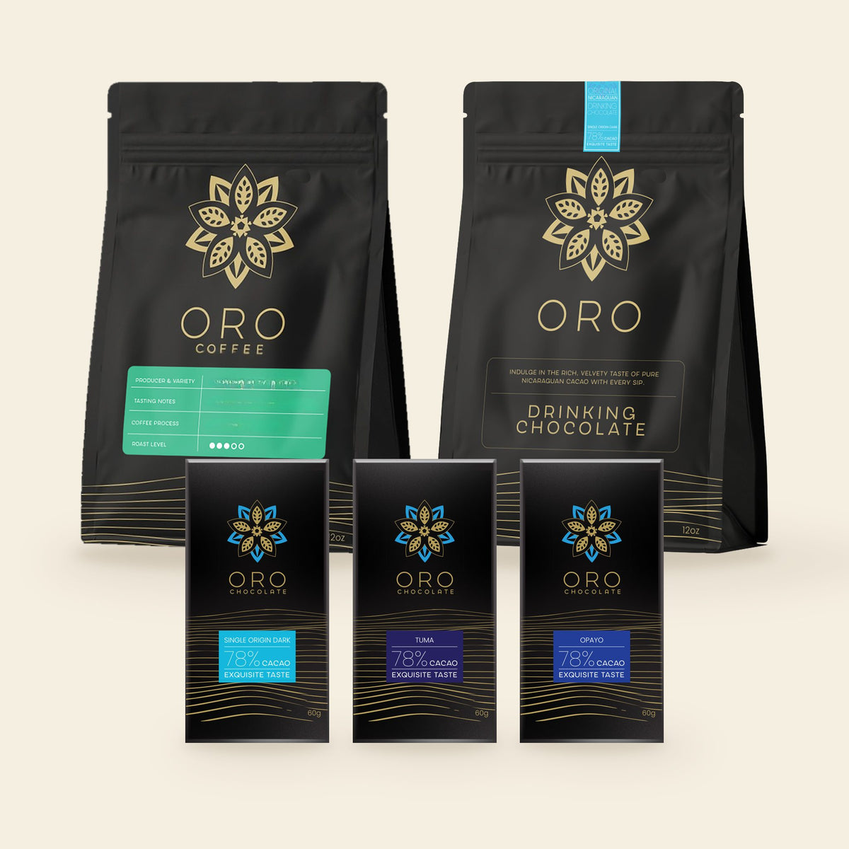 Ritual corporate gift box contents: three single-origin 78% bars, a drinking chocolate and a bag of single-origin Nicaraguan coffee