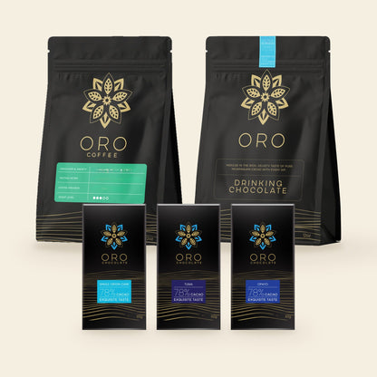 Ritual corporate gift box contents: three single-origin 78% bars, a drinking chocolate and a bag of single-origin Nicaraguan coffee