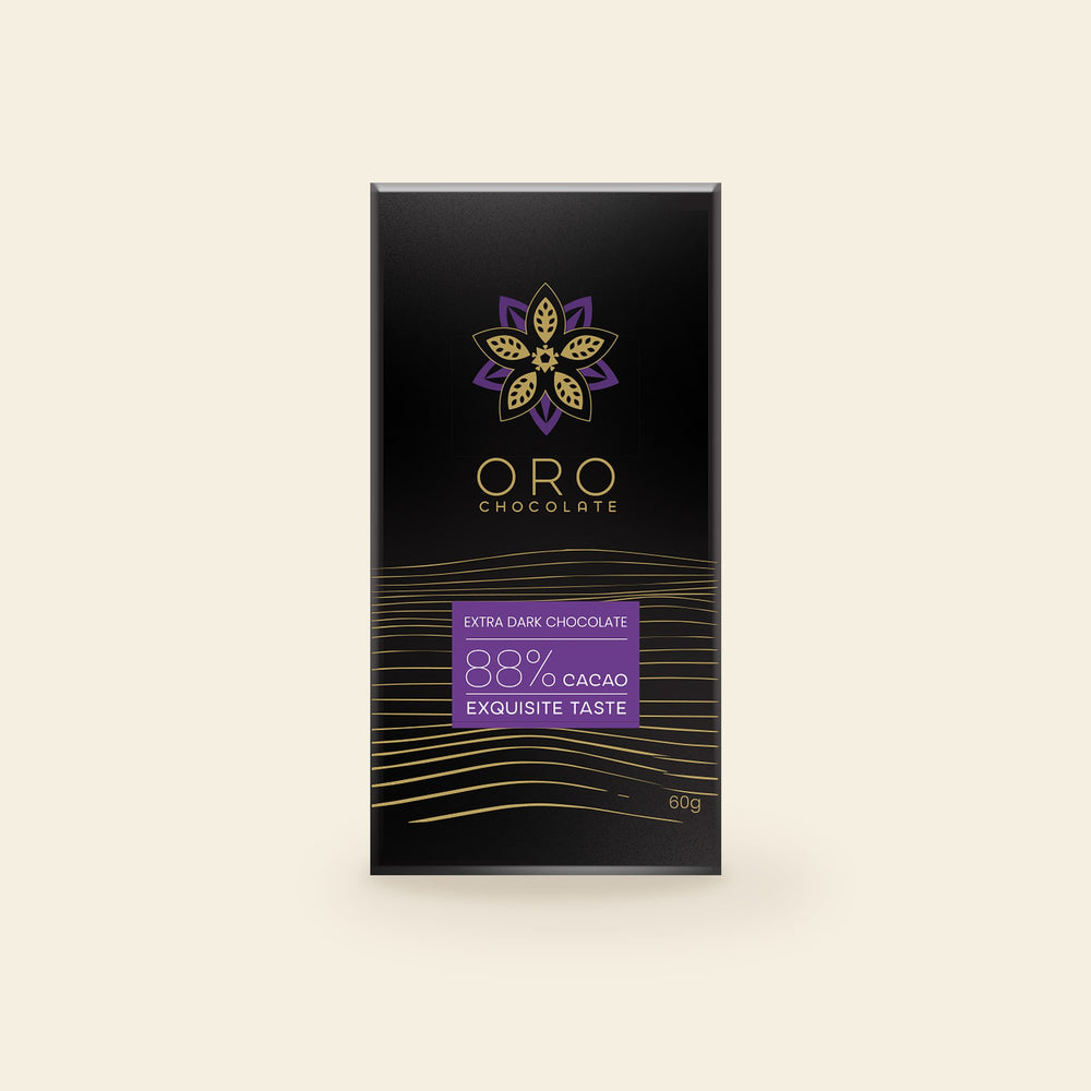 Oro Extra Dark 88% cacao chocolate bar, 60g pack, on a cream background
