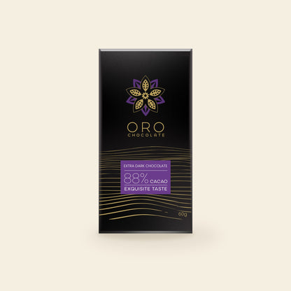 Oro Extra Dark 88% cacao chocolate bar, 60g pack, on a cream background