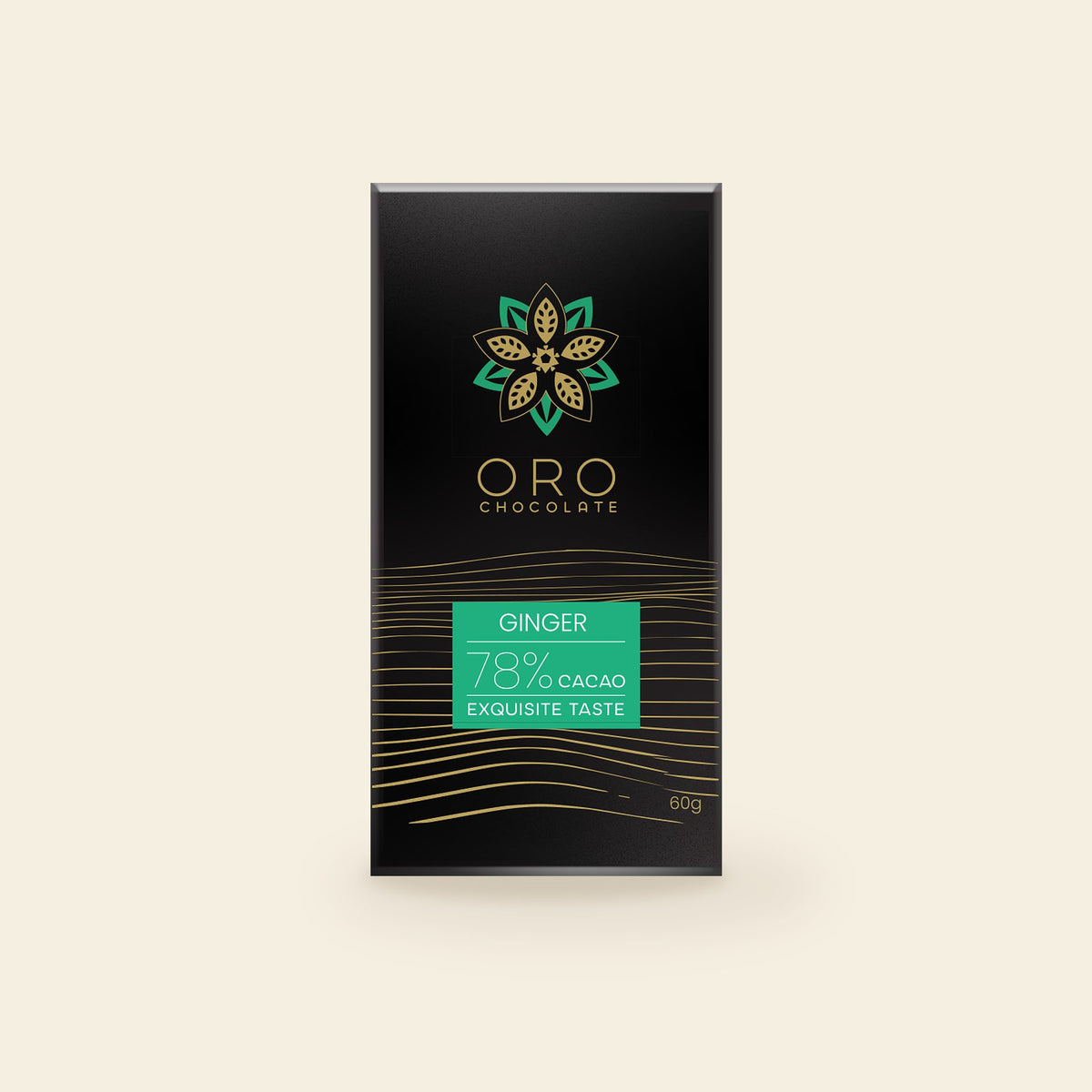 Oro Ginger 78% cacao chocolate bar, 60g pack, on a cream background