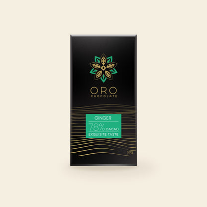 Oro Ginger 78% cacao chocolate bar, 60g pack, on a cream background