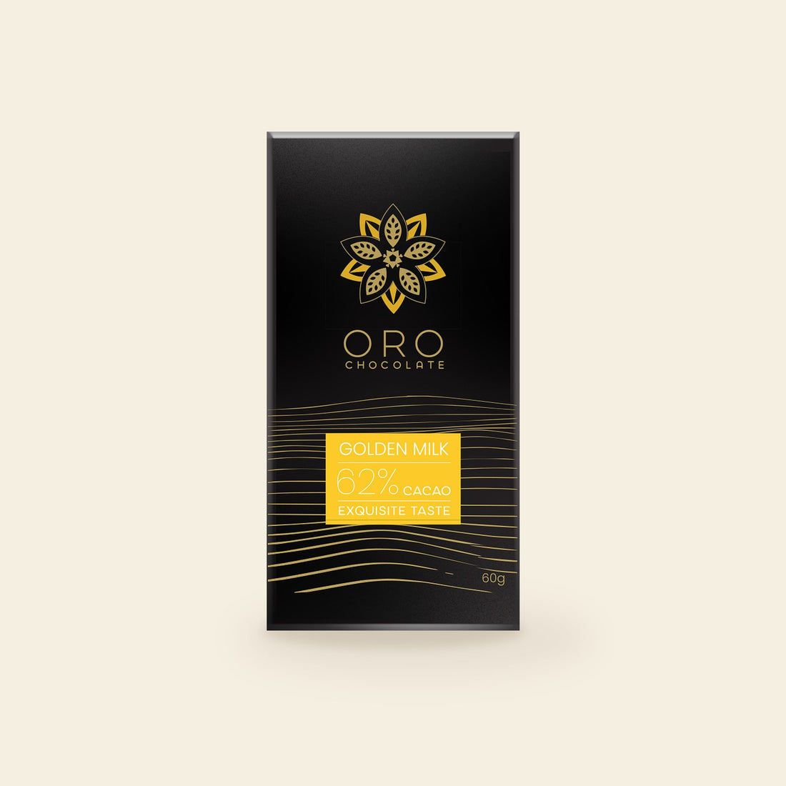 Oro Golden Milk 62% cacao chocolate bar, 60g pack, on a cream background