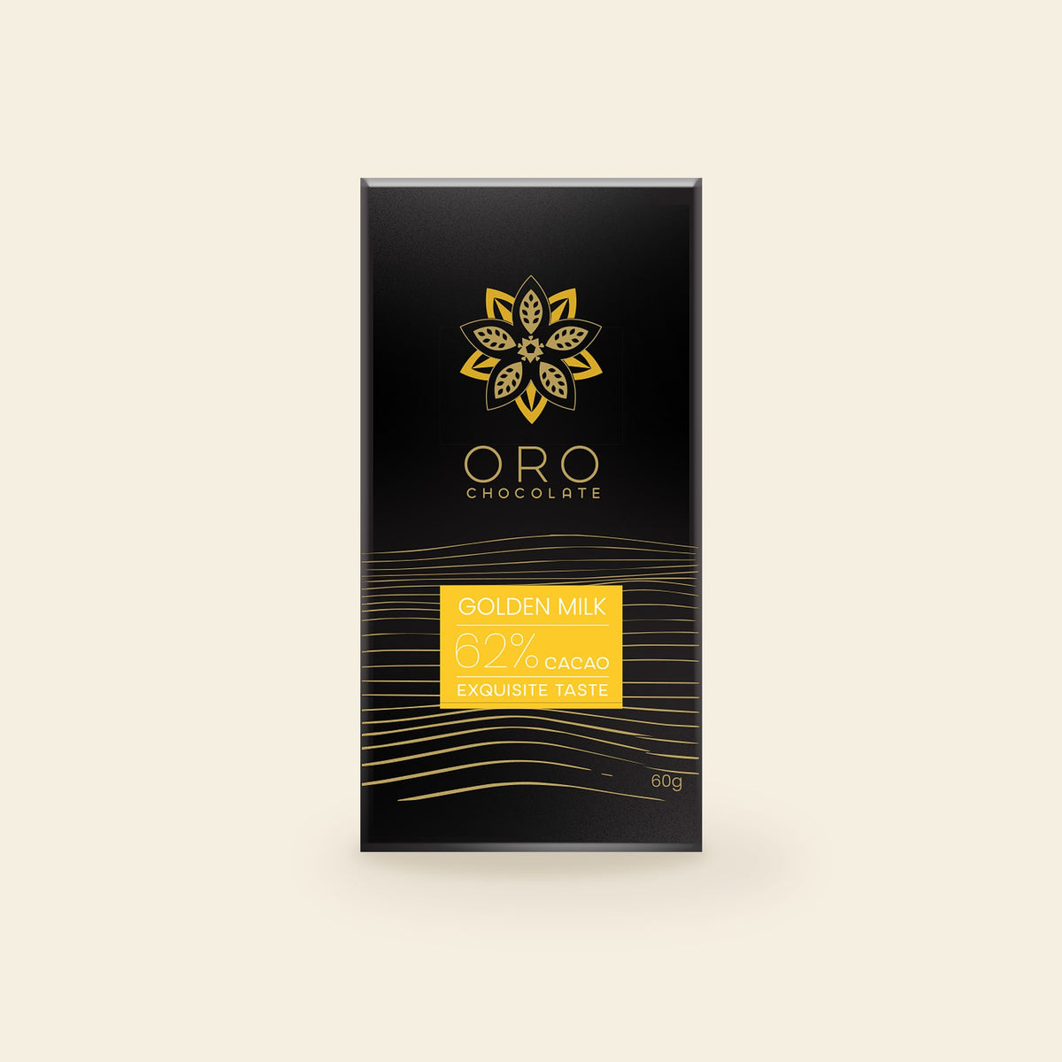 Oro Golden Milk 62% cacao chocolate bar, 60g pack, on a cream background