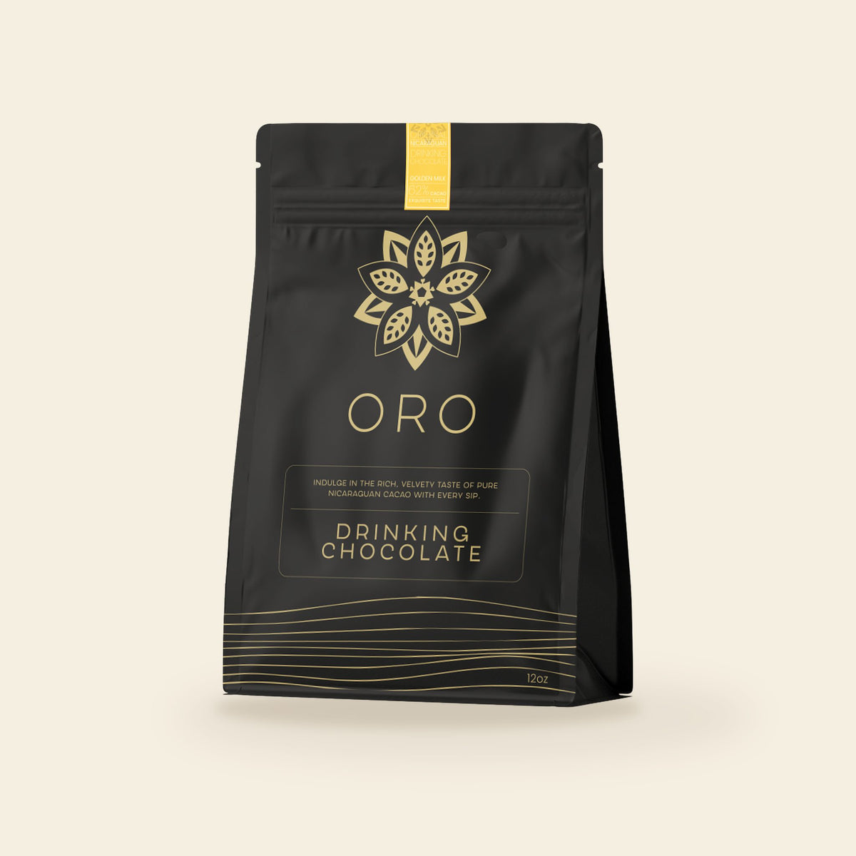 Oro Golden Milk Chai drinking chocolate, 12oz pouch, on a cream background