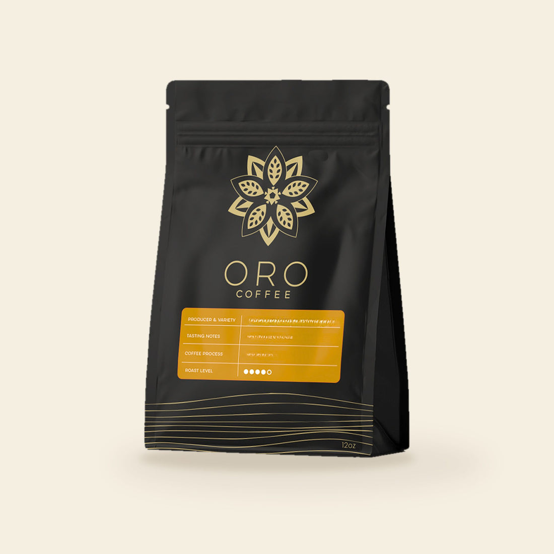 A 12oz bag of Oro single-origin Nicaraguan coffee, honey process, on a cream background