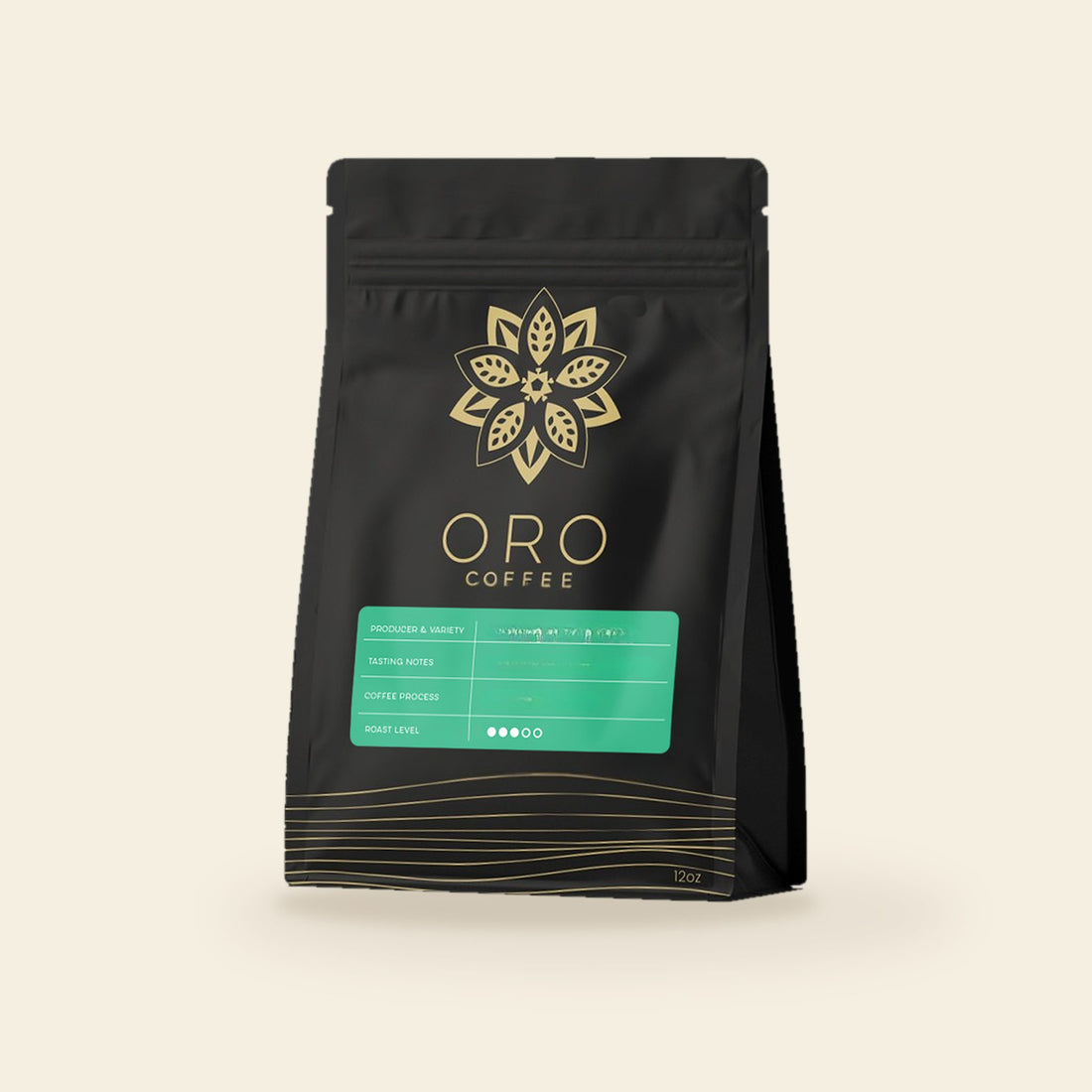 A 12oz bag of Oro single-origin Nicaraguan coffee, natural process, on a cream background