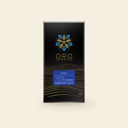 Oro Opayo 78% cacao chocolate bar, 60g pack, on a cream background