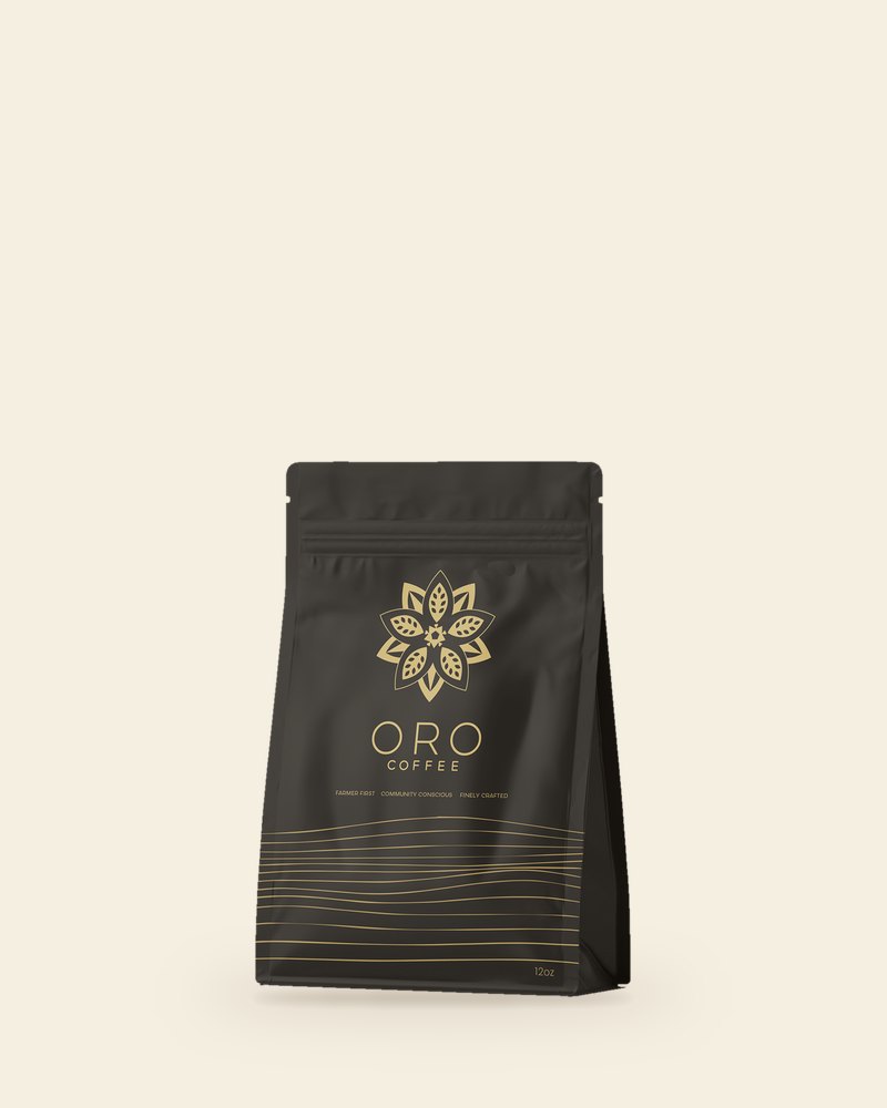 A 12 oz bag of Oro coffee