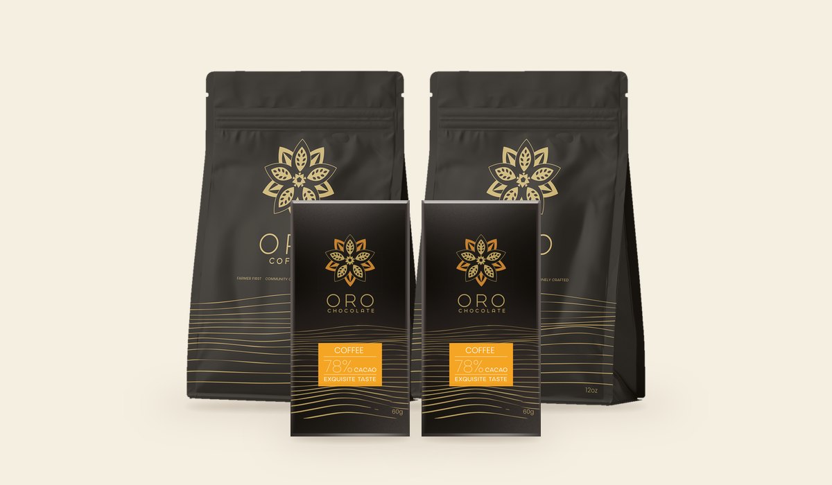 Two bags of Oro coffee with two Oro Coffee 78% bars in front