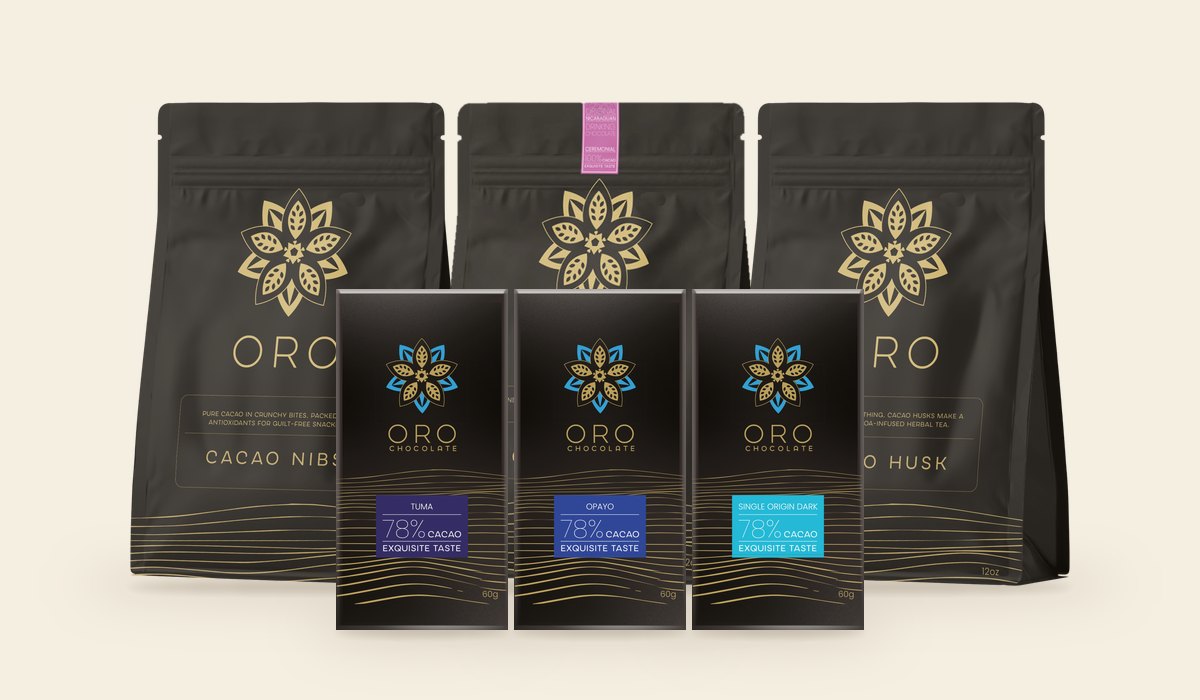 Oro cacao nibs, ceremonial drinking chocolate and cacao husk pouches behind three 78% bars: Tuma, Opayo and Single Origin Dark