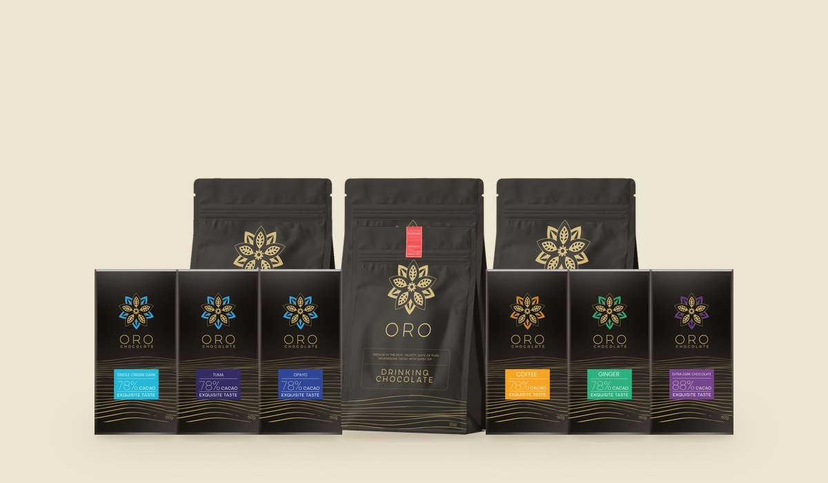 What the Origin box holds: coffee, cacao nibs and cacao husk pouches behind seven Oro bars and a drinking chocolate
