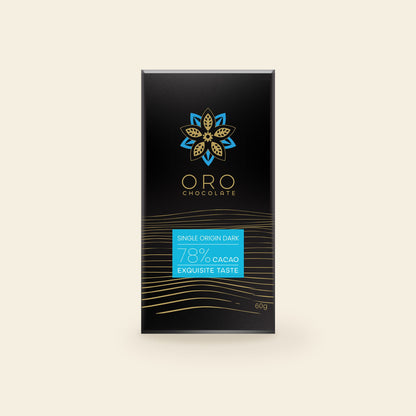 Oro Single Origin Dark 78% cacao chocolate bar, 60g pack, on a cream background