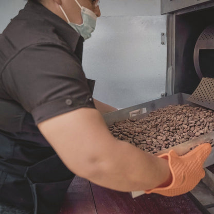 A worker in gloves sliding a tray of roasted cacao beans out of a roasting oven, Nicaragua