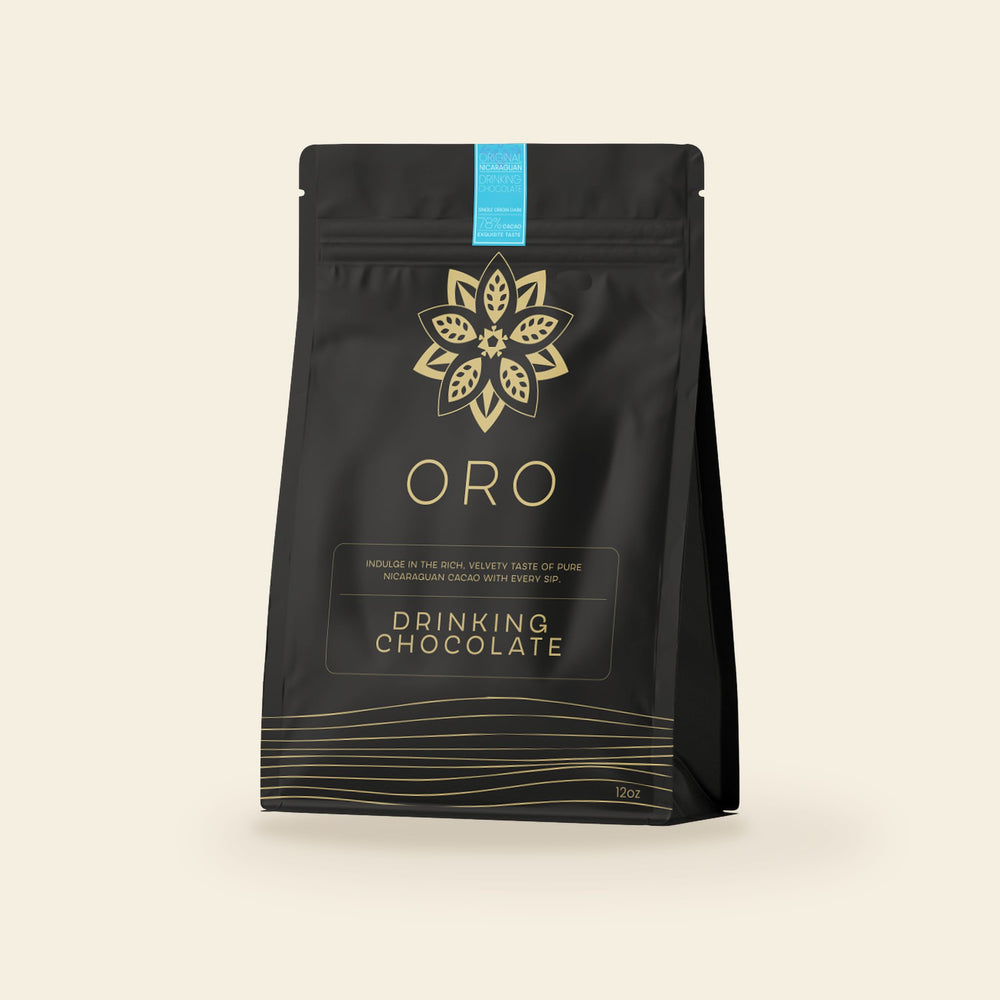 Oro Single Origin drinking chocolate, 12oz pouch, on a cream background