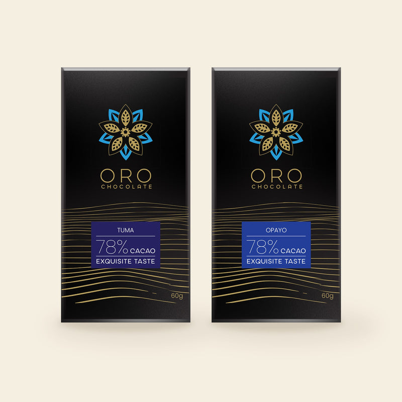 The Oro Flight: an Oro Tuma 78% bar and an Oro Opayo 78% bar side by side on a cream background