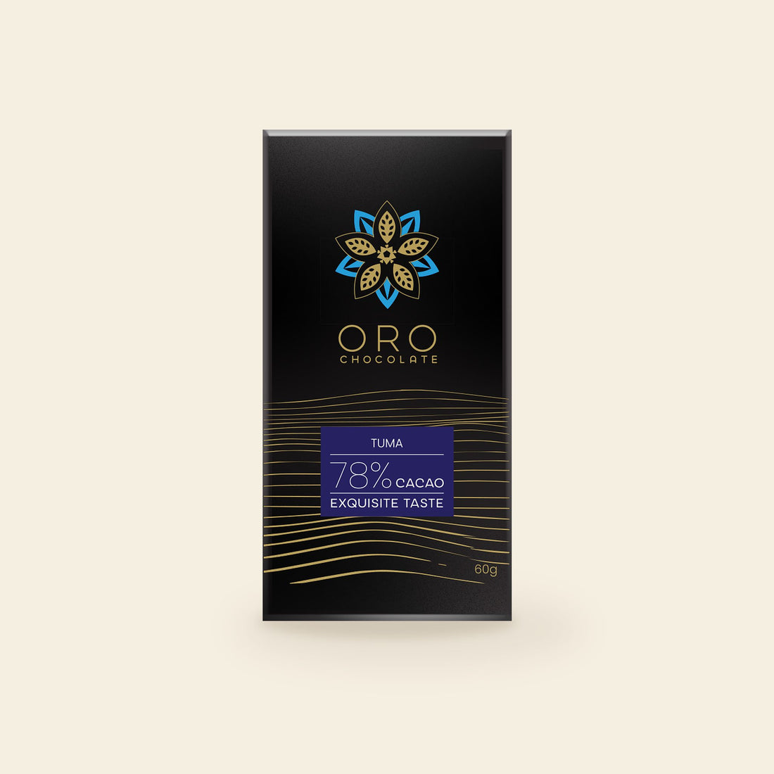 Oro Tuma 78% cacao chocolate bar, 60g pack, on a cream background