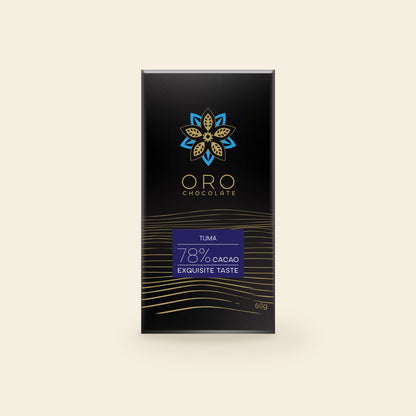 Oro Tuma 78% cacao chocolate bar, 60g pack, on a cream background